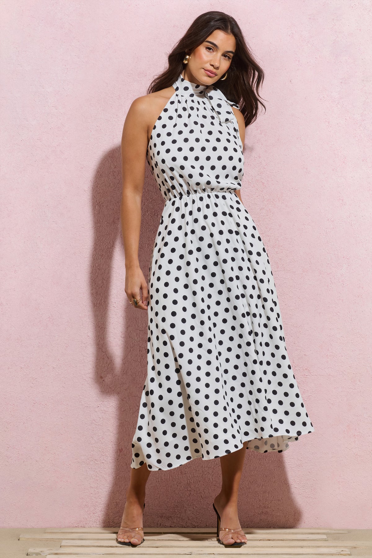 Winona White Polka Dot High-Neck Split Midi Dress With Bow – Club 