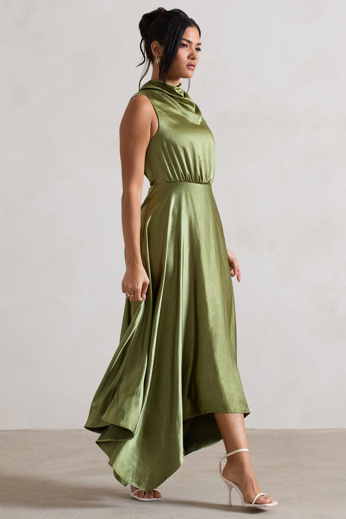 Lifetime Olive Satin Cowl Neck Maxi Dress With Cross Back Detail