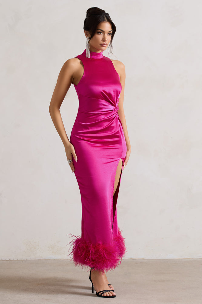 pink dress fluffy trim Glamorous Dusty Pink Feather Trim Halter Beaded Evening Dress SS124