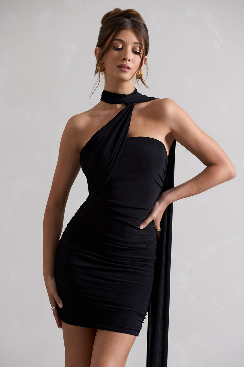 Abel Black Ruched One Shoulder Mini Dress With Scarf – Club L London - UK