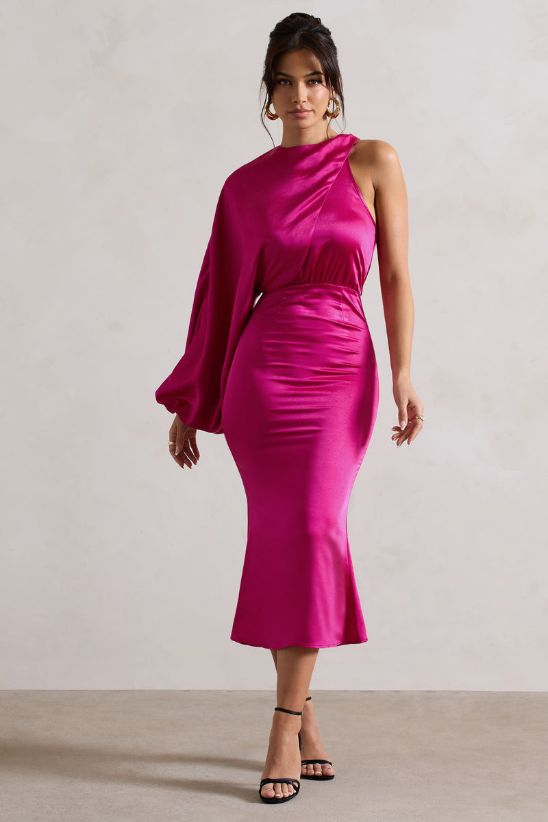 Nola Dark Pink Satin One-Sleeve Midi Dress – Club L London - UK