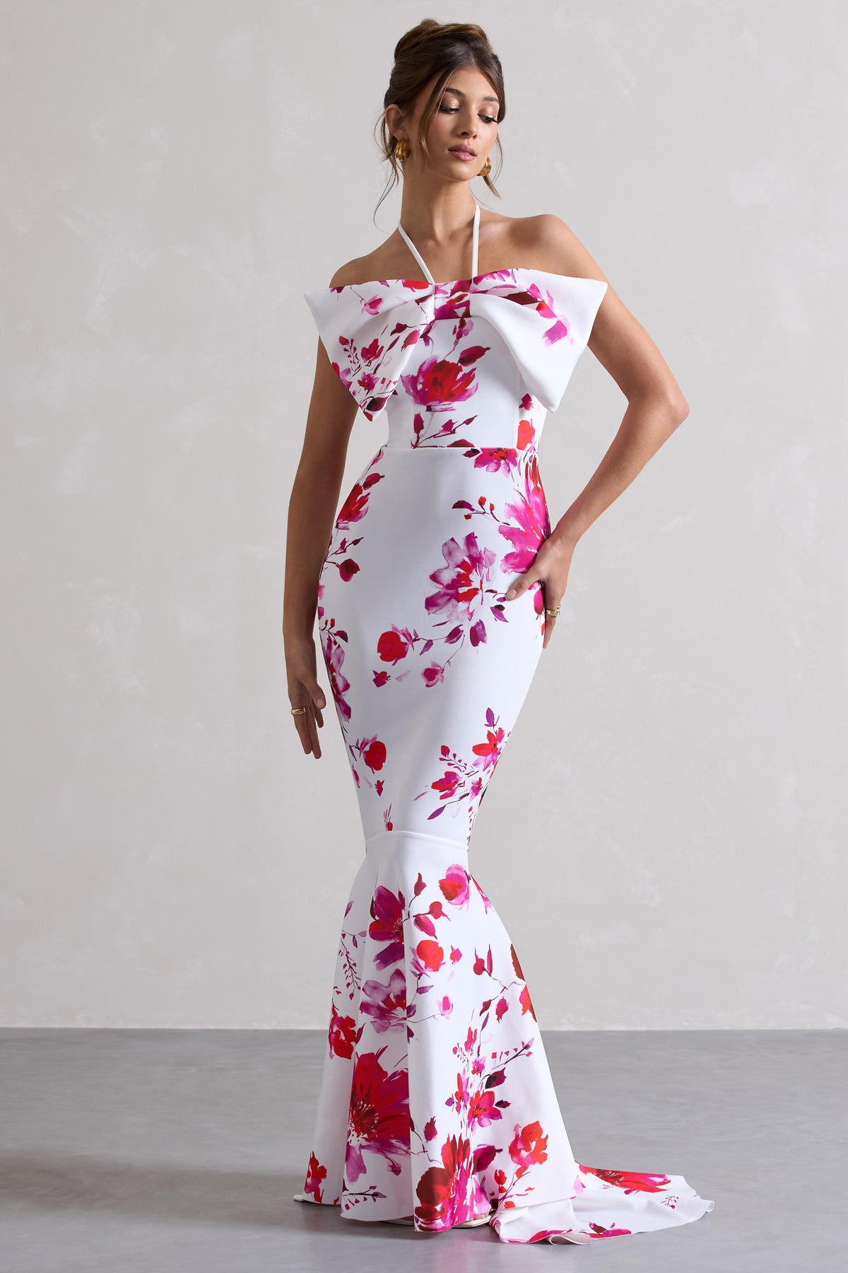 Sakura | Pink Floral Print Halter-Neck Fishtail Maxi Dress With Bow - Club L 