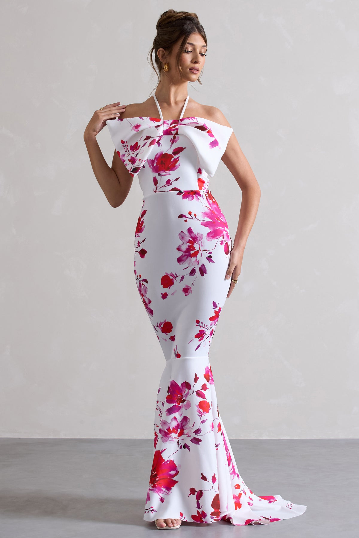 Sakura | Pink Floral Print Halter-Neck Fishtail Maxi Dress With Bow - Club L 