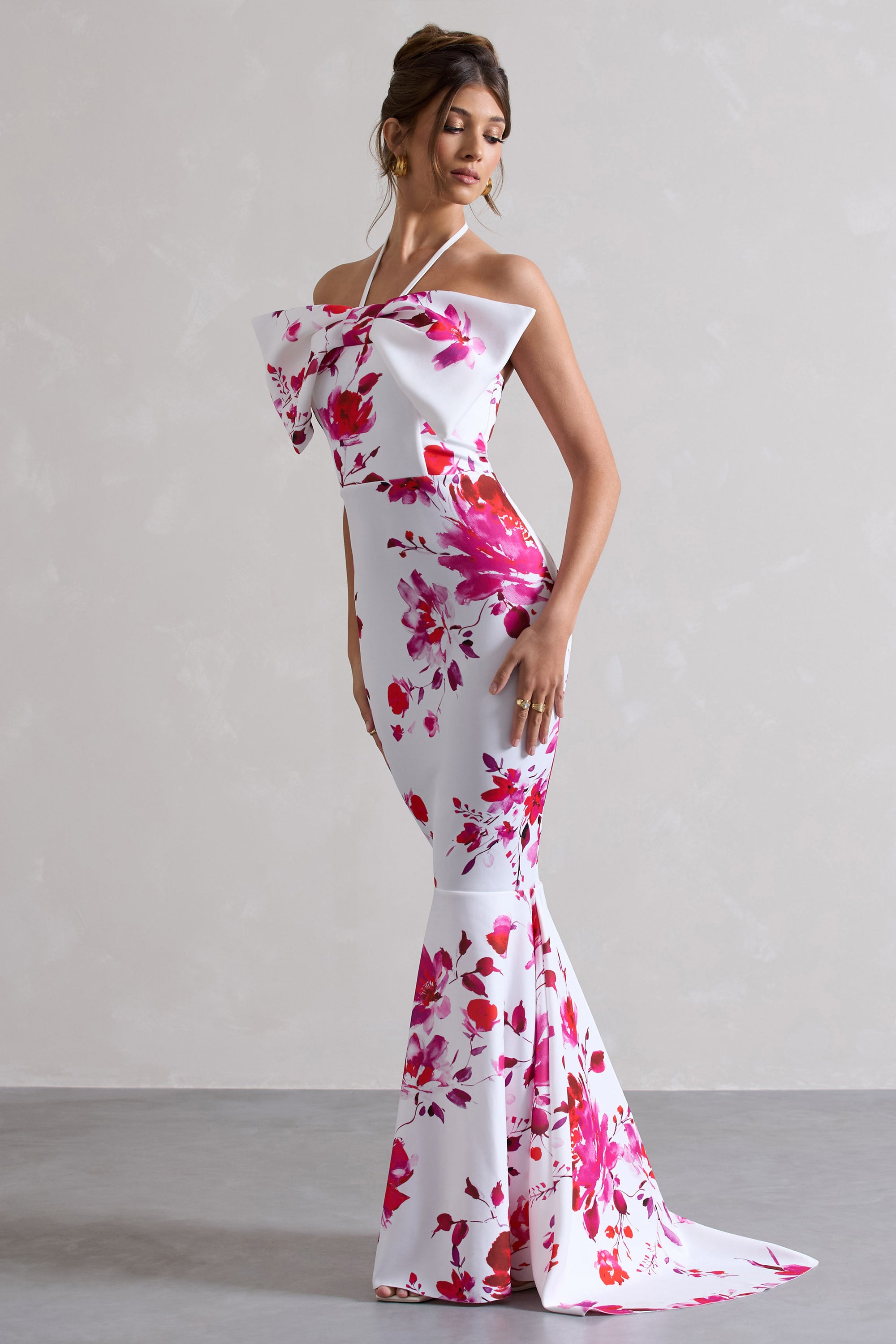 Sakura | Pink Floral Print Halter-Neck Fishtail Maxi Dress With Bow - Club L 
