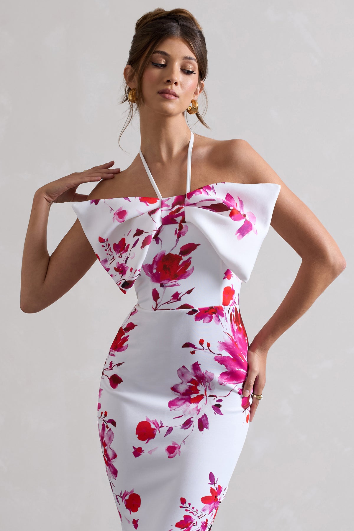 Sakura | Pink Floral Print Halter-Neck Fishtail Maxi Dress With Bow - Club L 