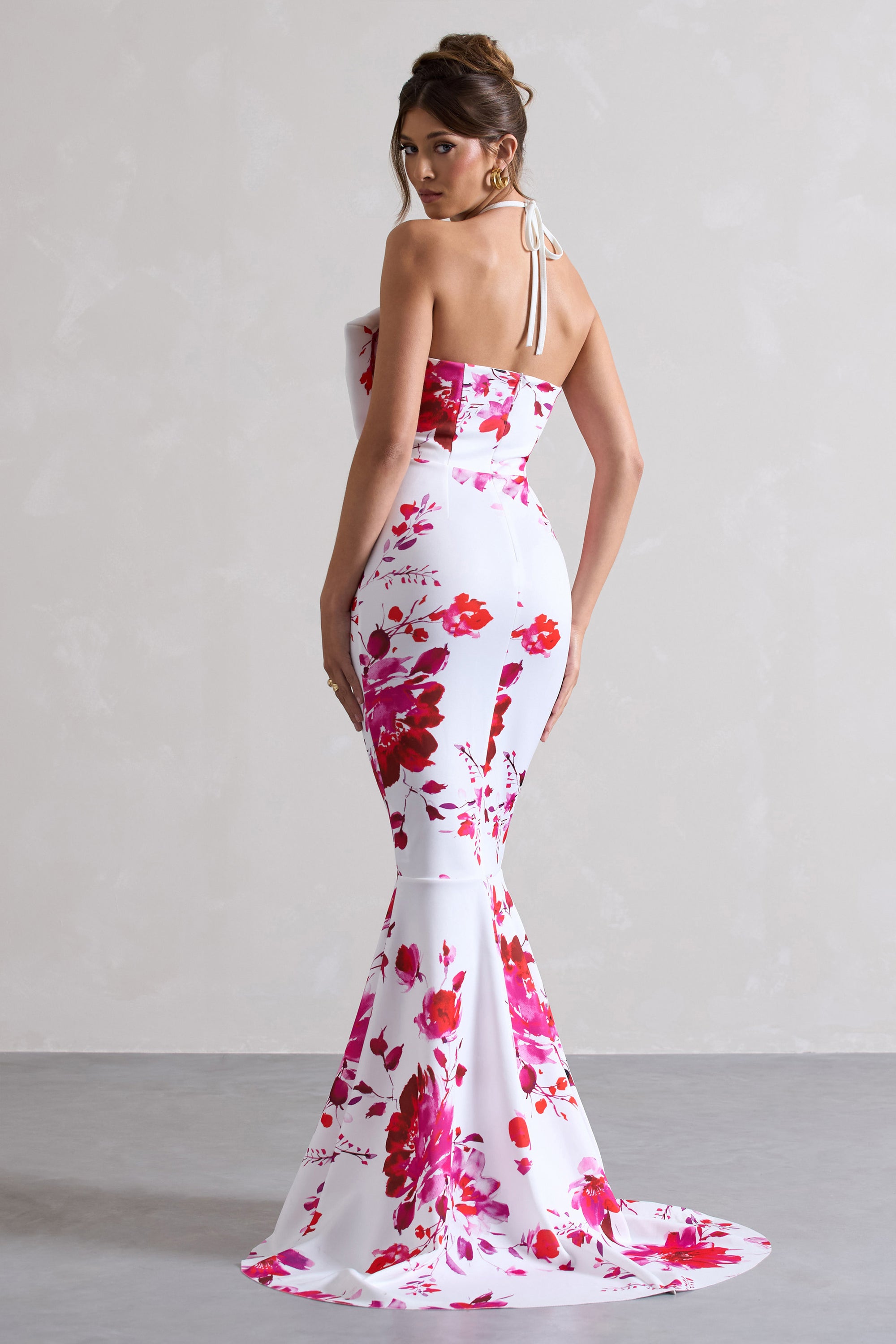 Sakura | Pink Floral Print Halter-Neck Fishtail Maxi Dress With Bow - Club L 