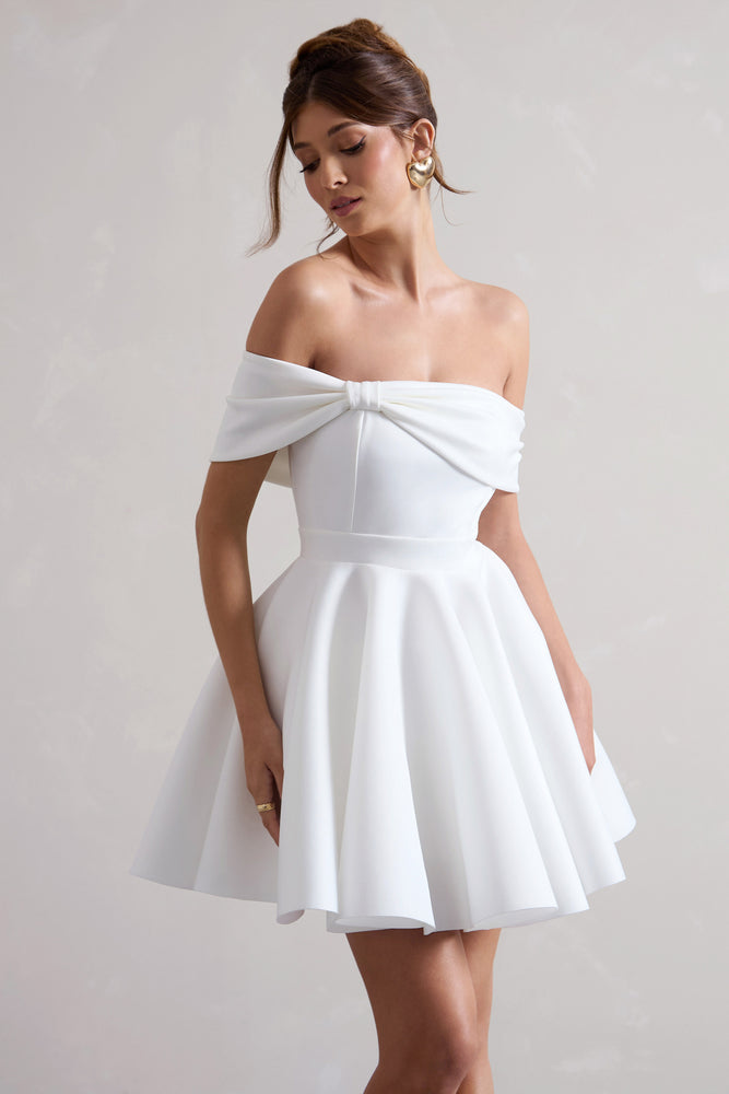 white bardot skater dress Bardot Trim Belt Detail Skater Mini Dress In White Slinky | EGO CA