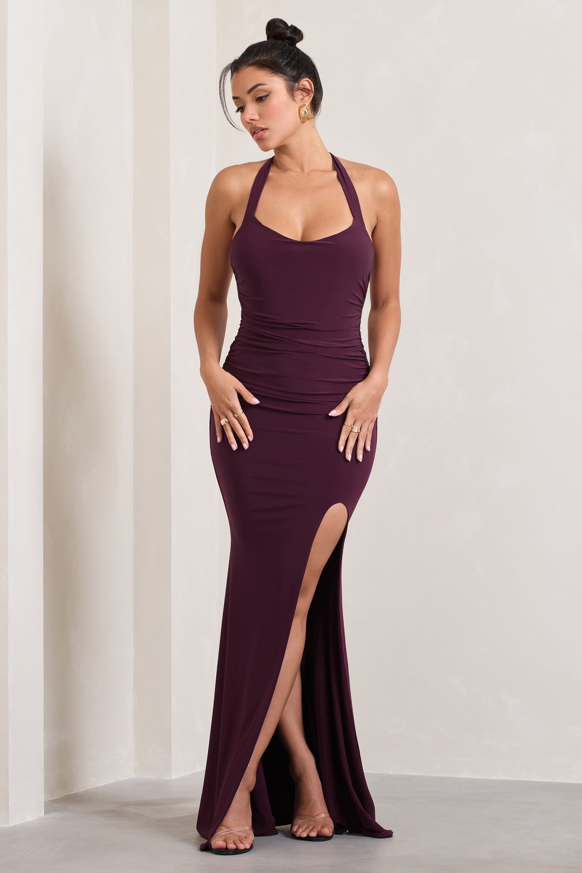 Idol Burgundy Halter-Neck Split Maxi Dress – Club L London - UK