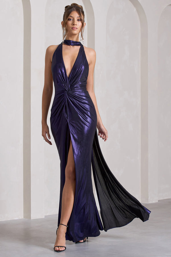 Lost Purple Metallic Halter-Neck Cut-Out Split Maxi Dress With Drape – Club  L London - UK