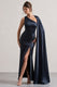 Gala | Navy Satin One-Shoulder Cape Sleeve Split Maxi Dress - Club L 
