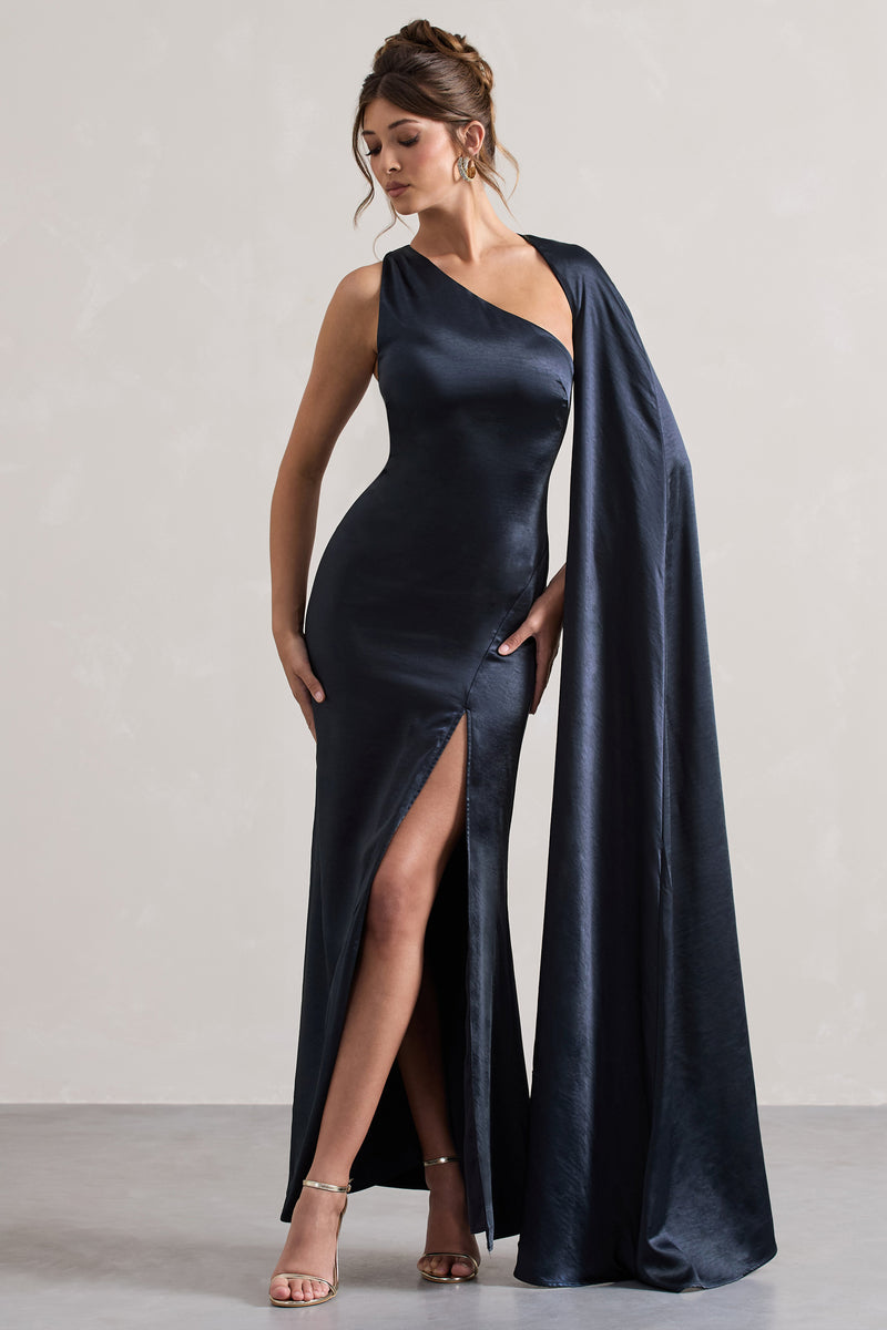 Gala Navy Satin One-Shoulder Cape Sleeve Split Maxi Dress – Club L ...