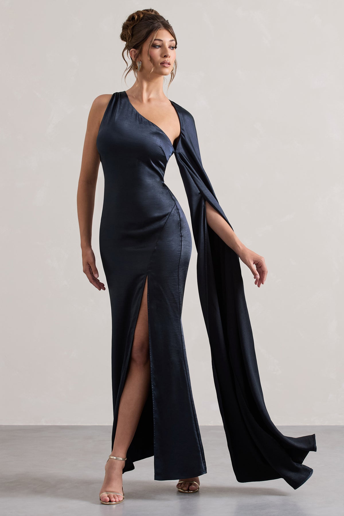 Gala | Navy Satin One-Shoulder Cape Sleeve Split Maxi Dress - Club L 