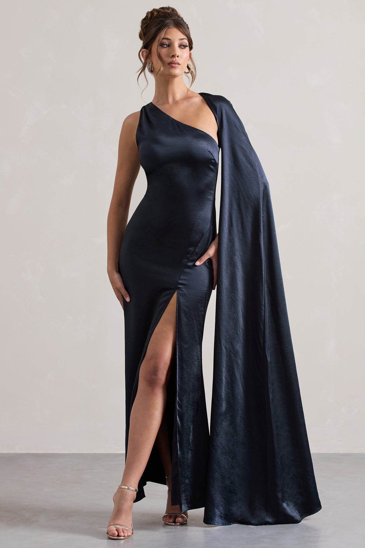 Gala | Navy Satin One-Shoulder Cape Sleeve Split Maxi Dress - Club L 