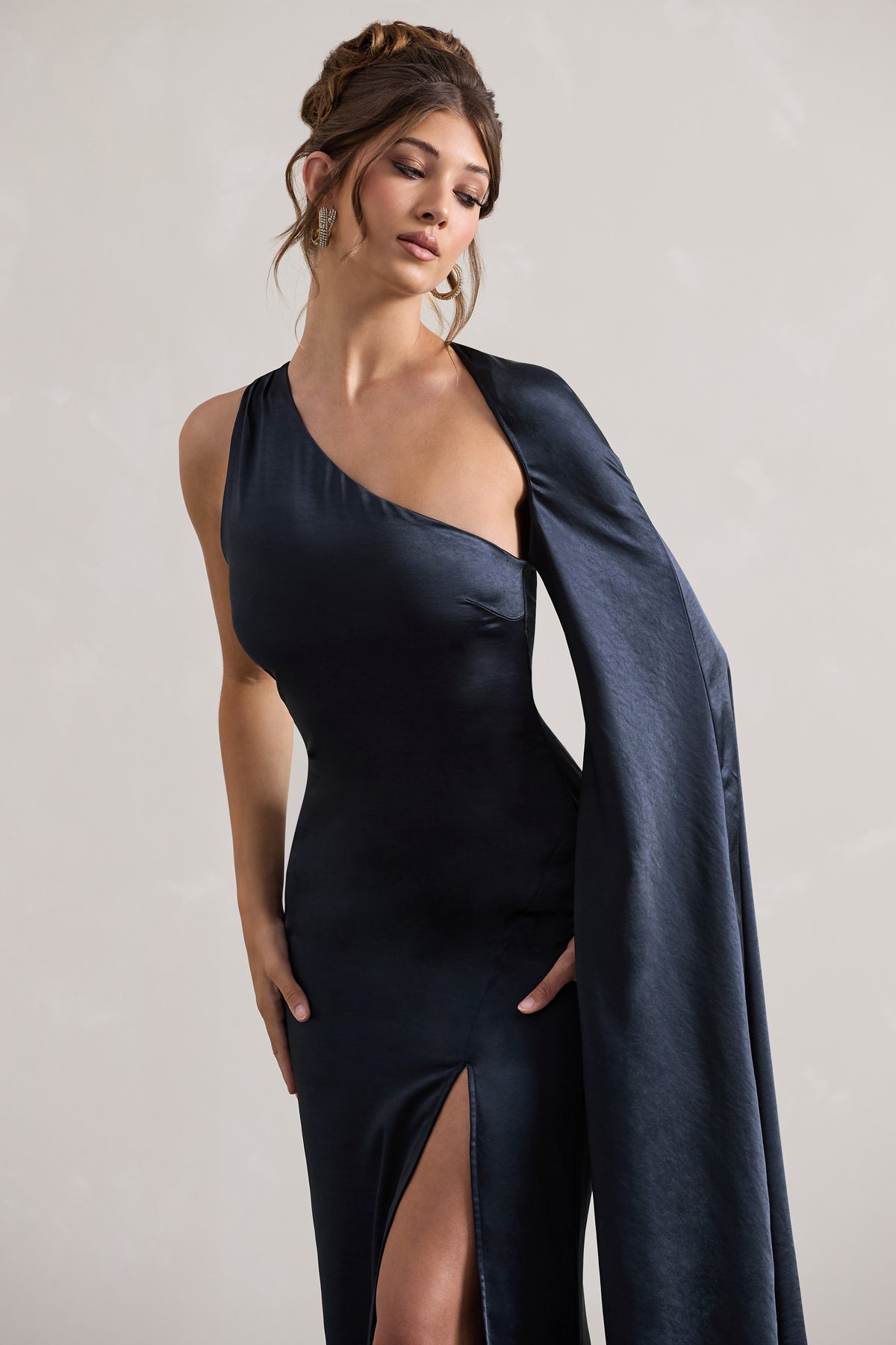 Gala | Navy Satin One-Shoulder Cape Sleeve Split Maxi Dress - Club L 