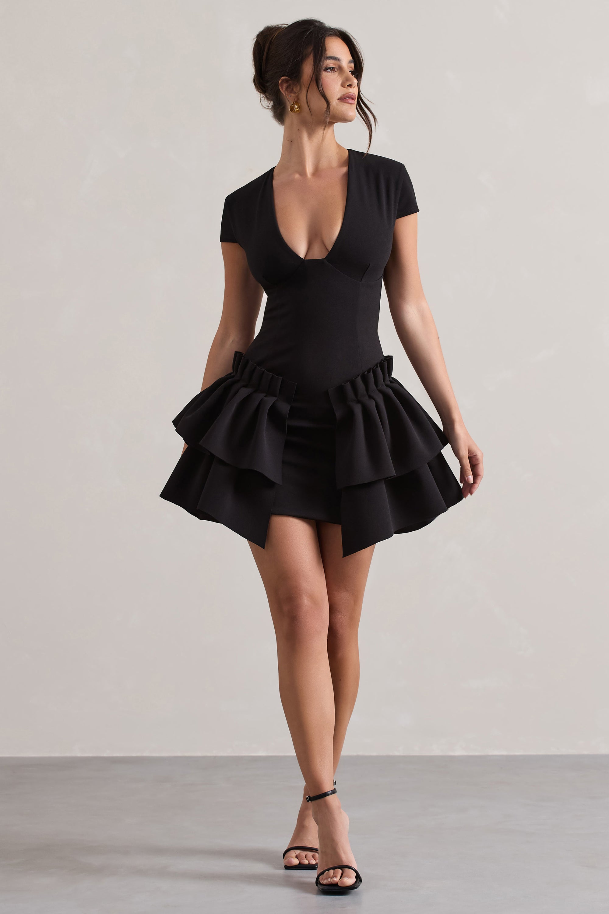 Genevieve Plunge Neck Mini Dress Layered Hem