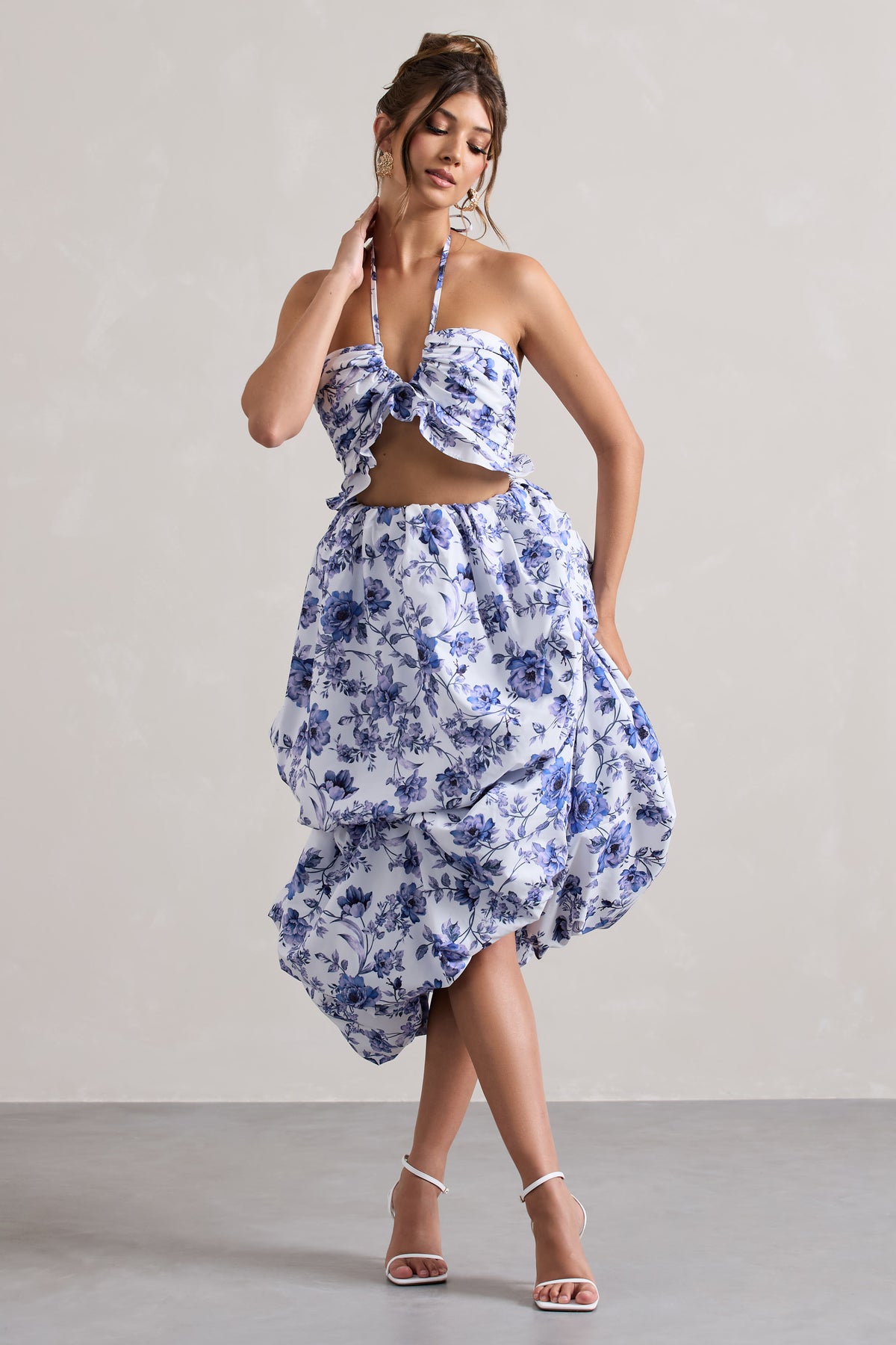 Make Waves Floral Print Volume High Low Midi Skirt