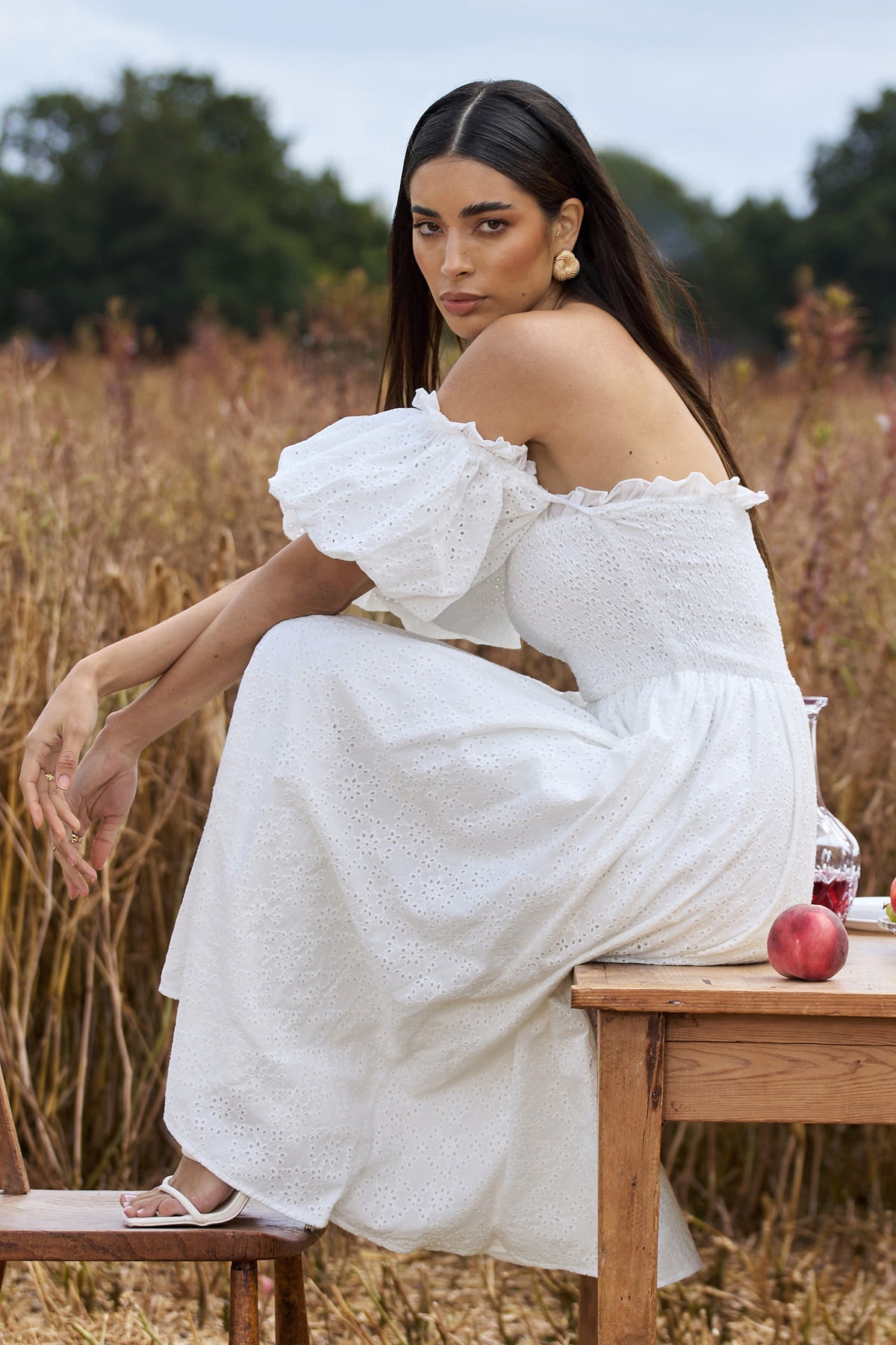 Halo | White Broderie Bardot Midi Dress