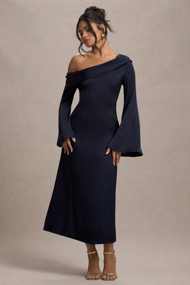 Astral Navy Satin Asymmetric Flared-Sleeve Midi Dress