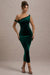 Carella | Bottle Green Velvet Twisted Asymmetric Midi Dress