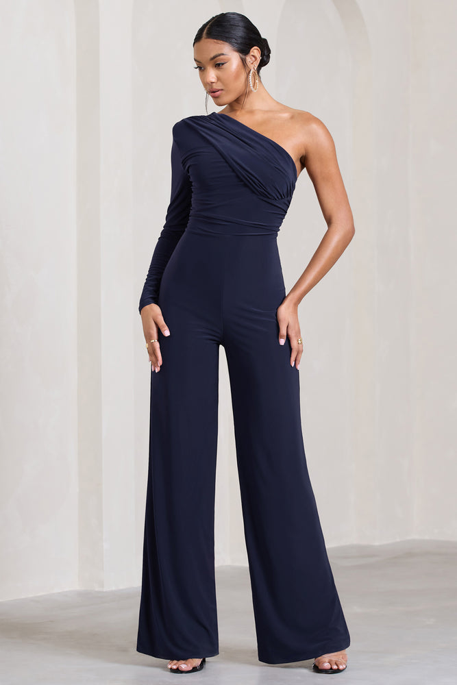 Mila Navy One Shoulder Ruched Wide Leg Jumpsuit – Club L London - UK