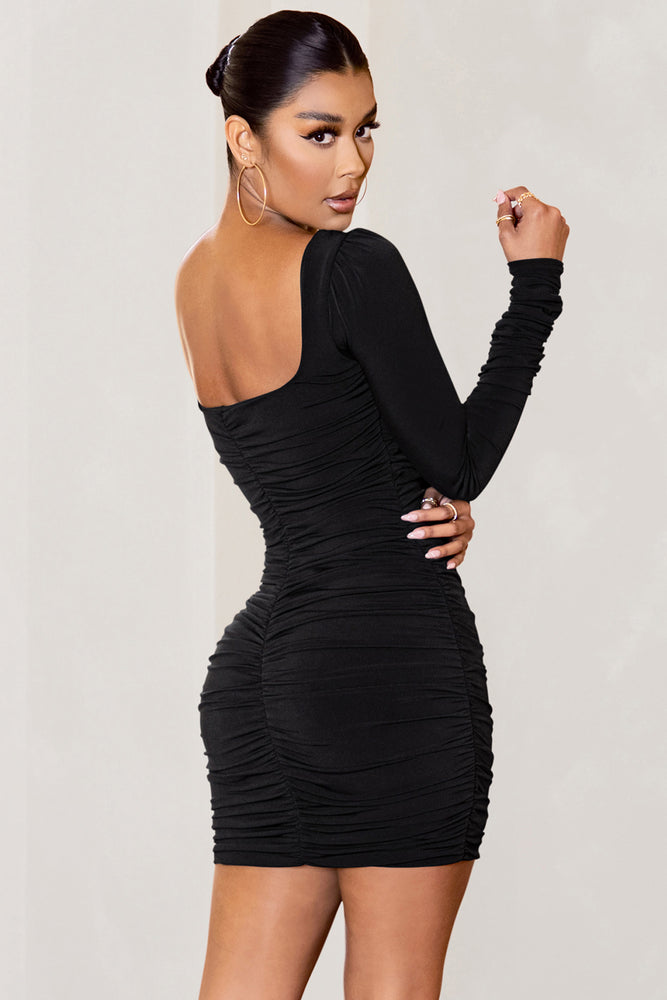 Black Strappy Mesh Ruched Midaxi Dress | Fashion, Dress, Black women fashion