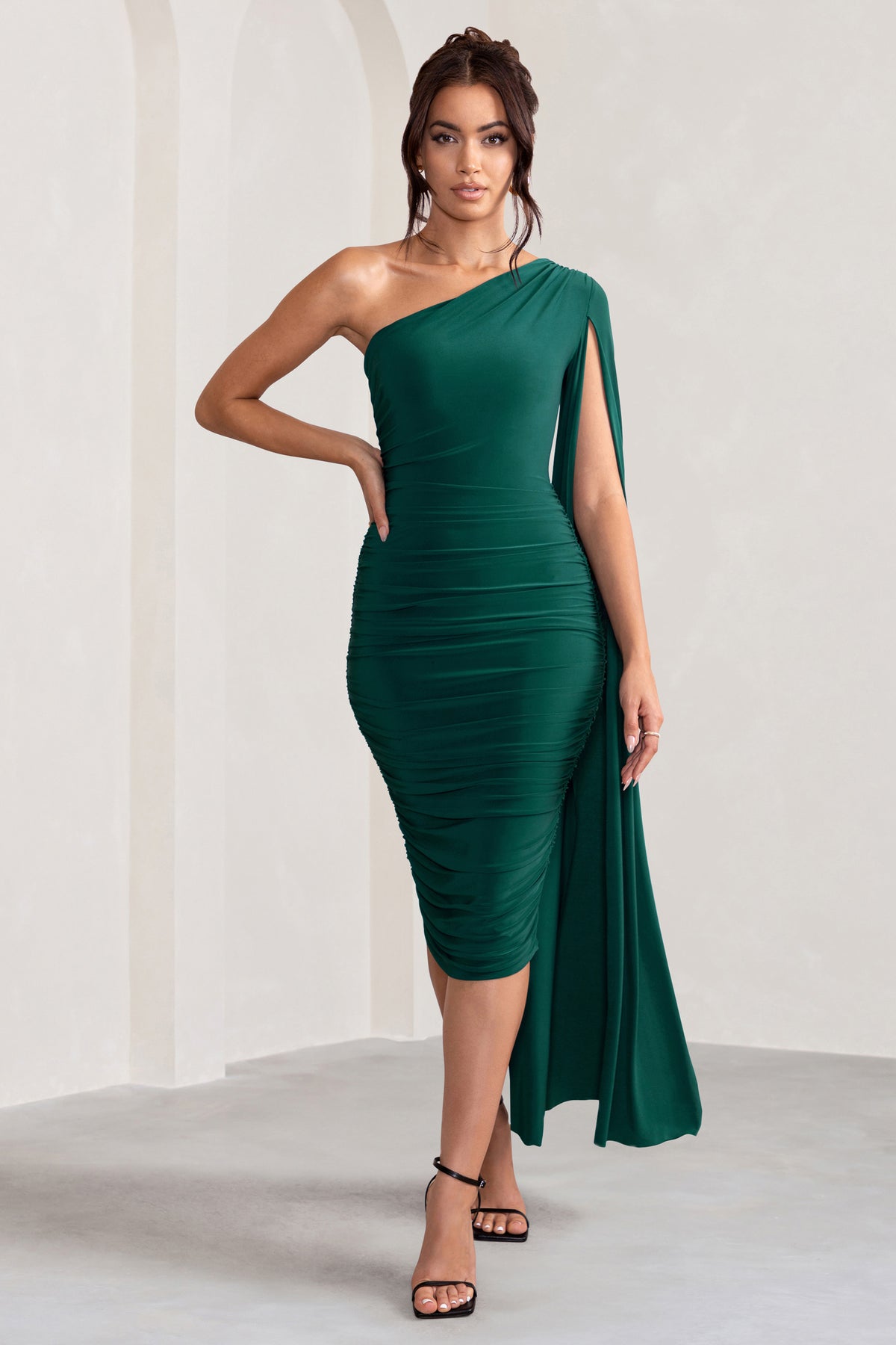 Yara Bottle Green One Shoulder Cape Ruched Midi Dress – Club L London - UK