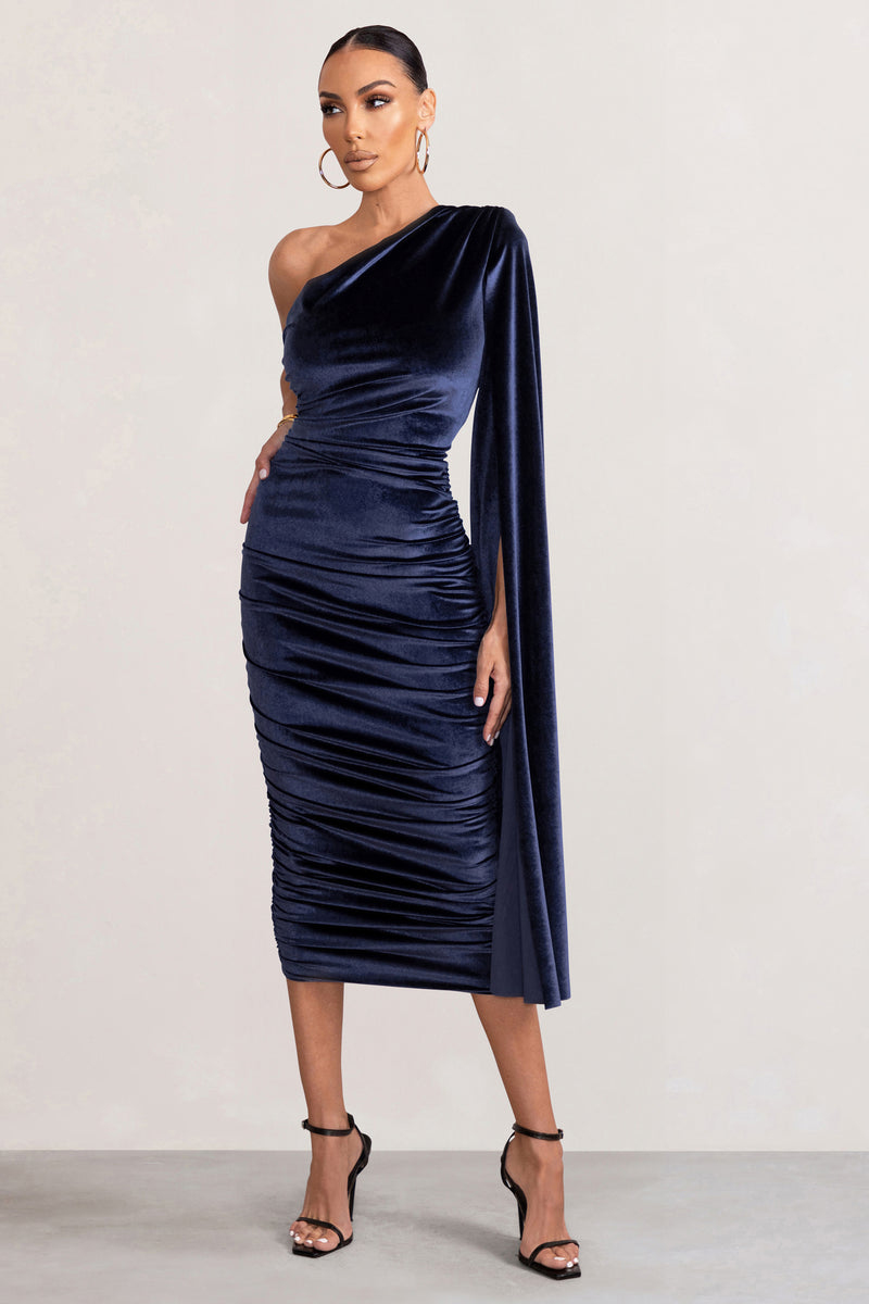 Gianna Navy Velvet One Shoulder Cape Bodycon Midi Dress – Club L London ...