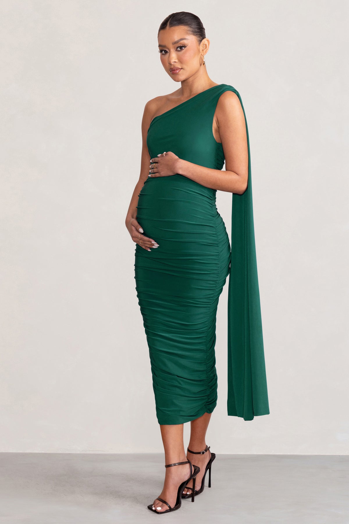 Yara Bottle Green One Sleeve Ruched Maternity Midi Dress with Cape S ...