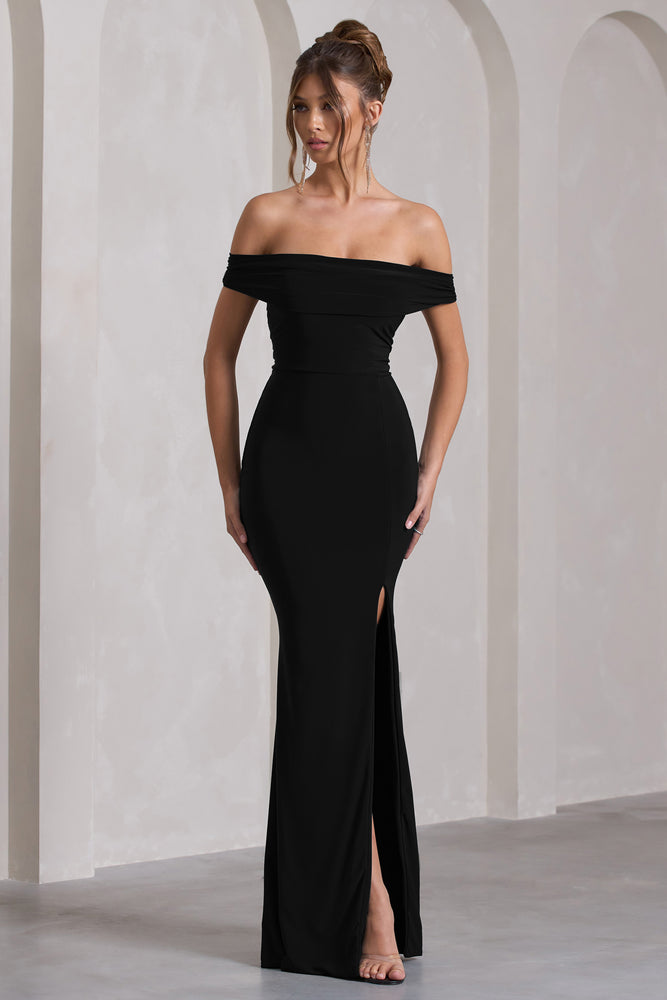 Law of Attraction Black Bardot Draped Split Maxi Dress