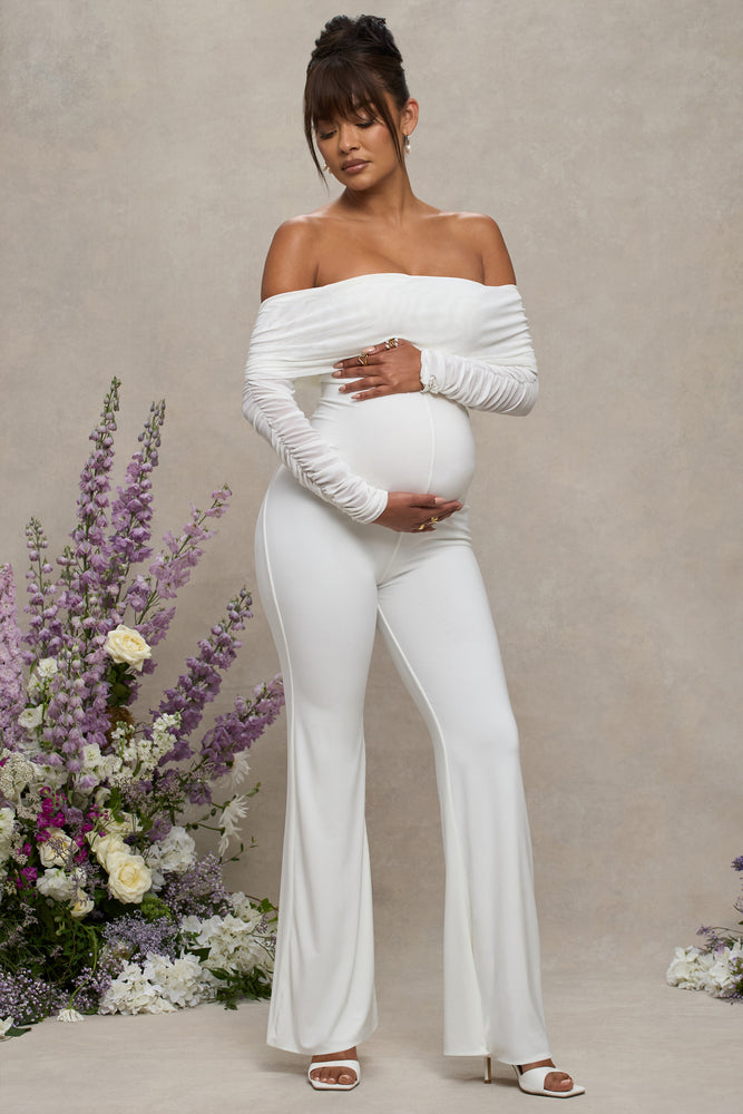 Count Down White Maternity Ruched Mesh Bardot Jumpsuit