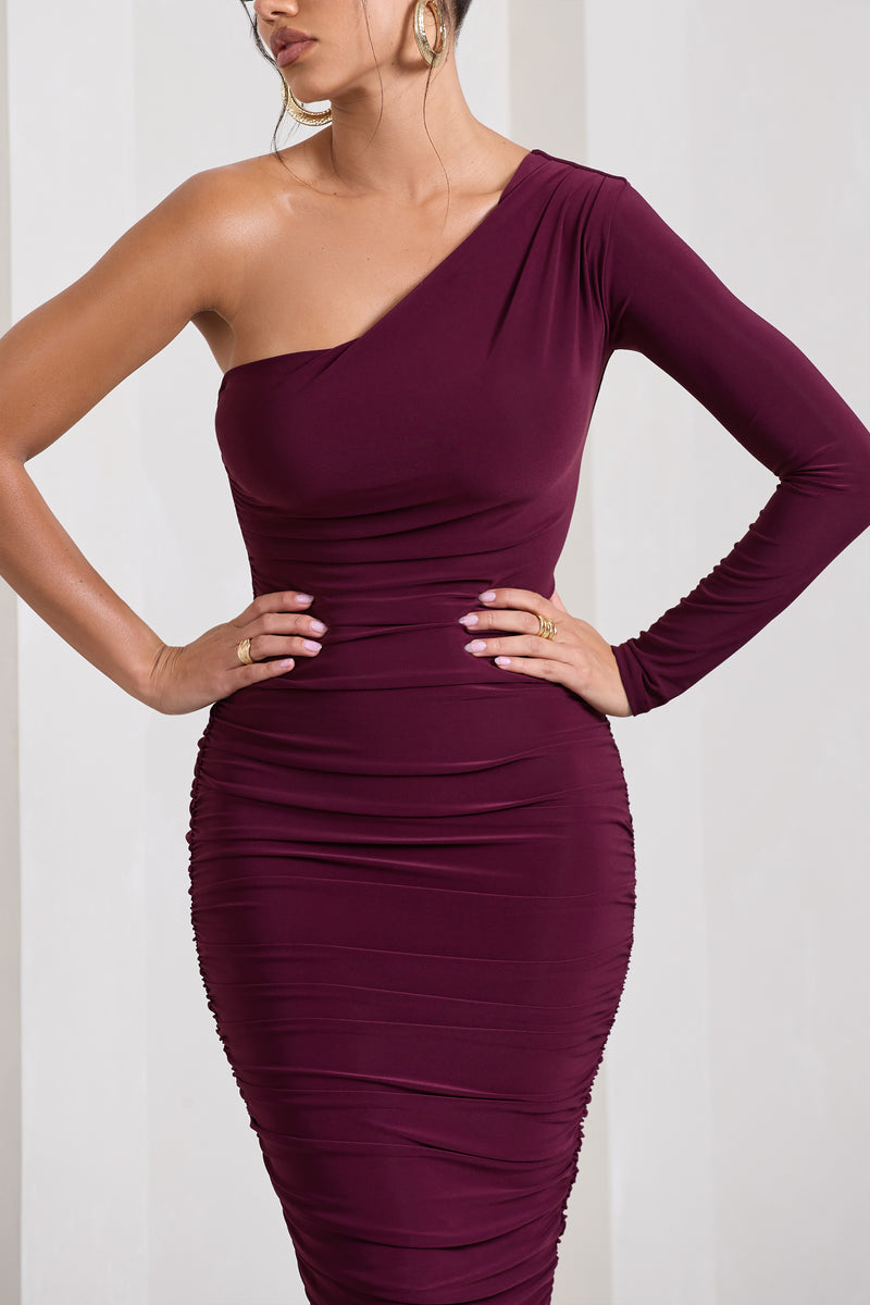 In The Shadows Burgundy One Sleeve Midi Dress With Ruching Club L