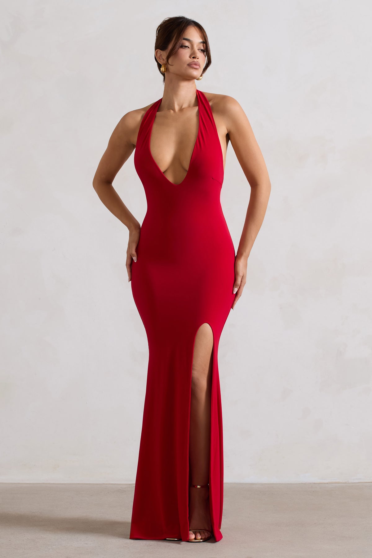 Glamour | Red Backless V Plunge Halter Neck Maxi Dress With Side Split - Club L 