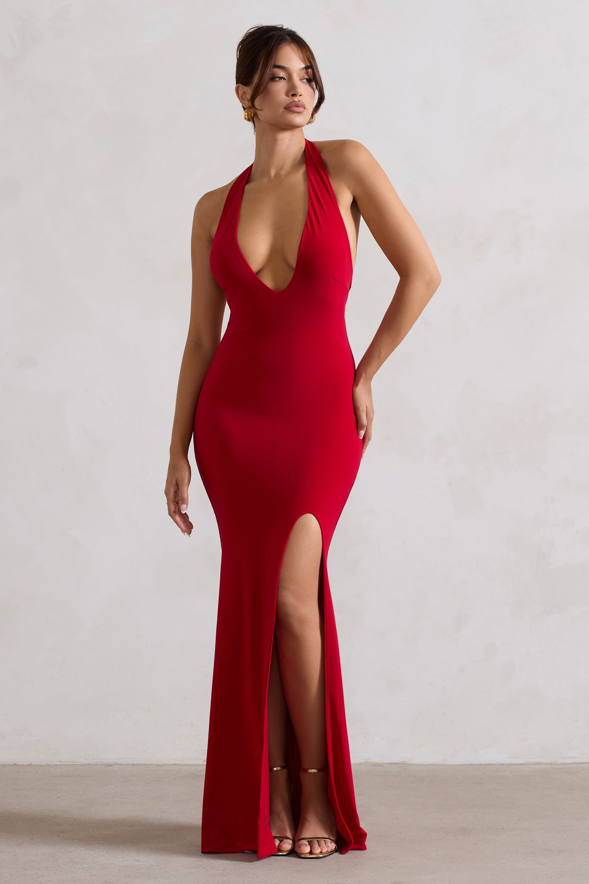 Glamour | Red Backless V Plunge Halter Neck Maxi Dress With Side Split - Club L 
