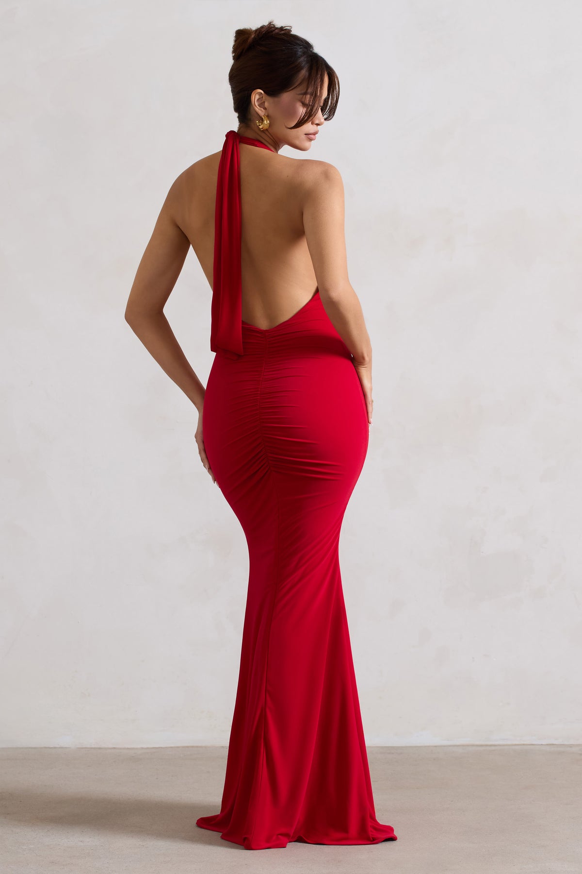 Glamour | Red Backless V Plunge Halter Neck Maxi Dress With Side Split - Club L 