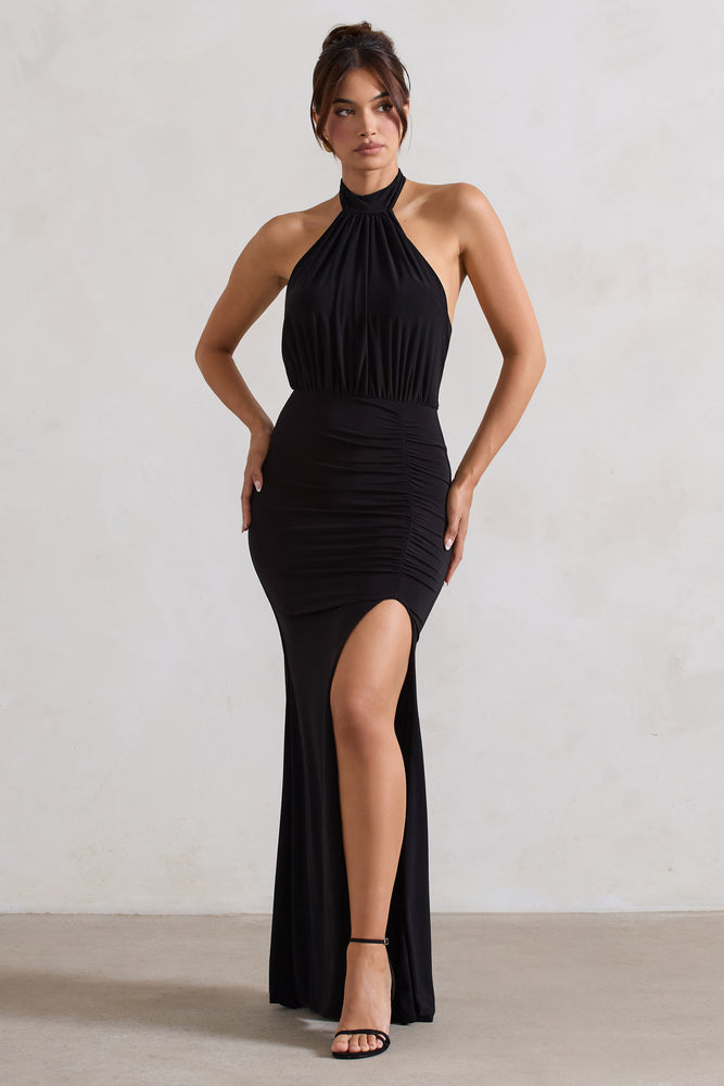 Forever Dreaming Black Backless Halter Neck Ruched Split Maxi Dress