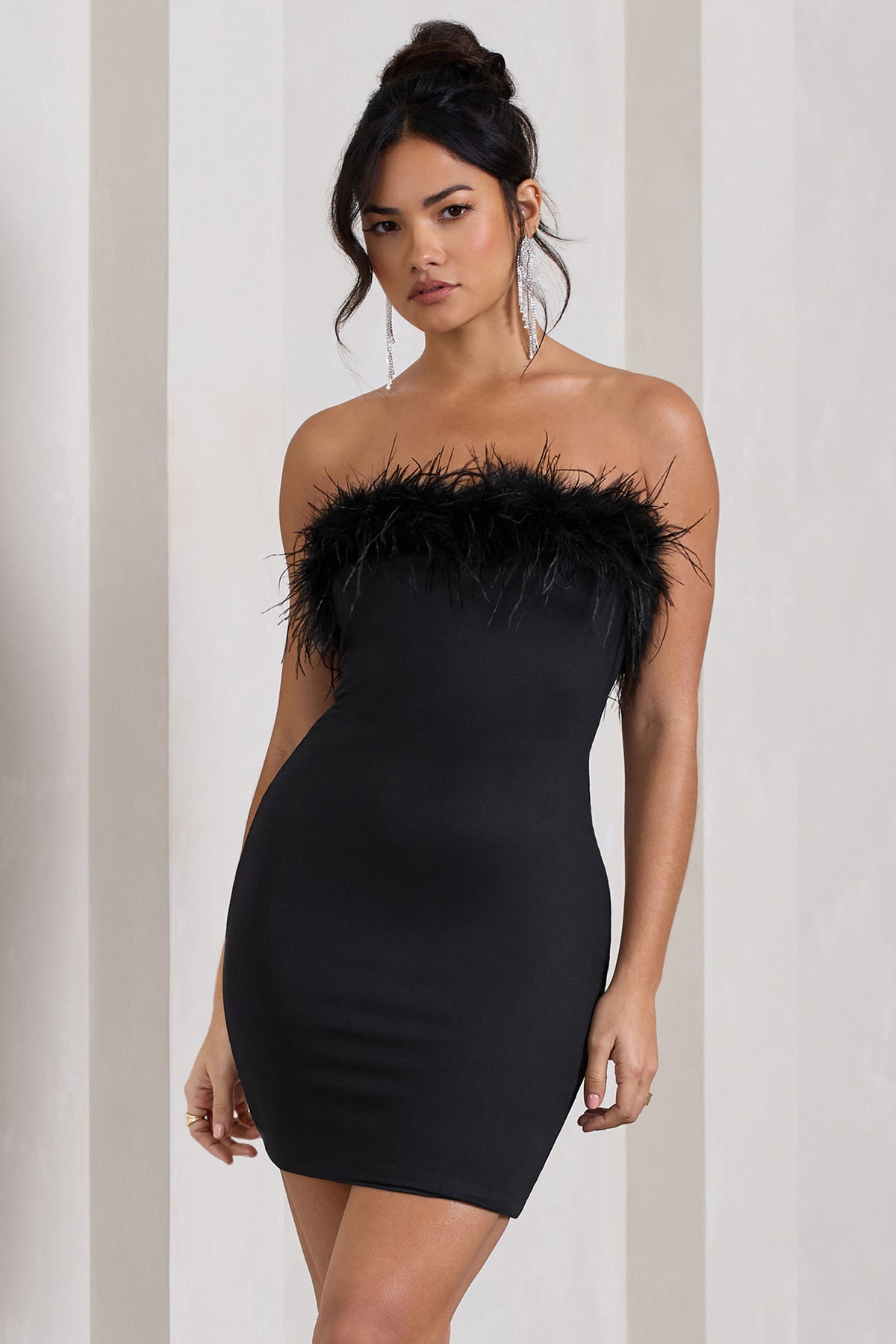 Stop The Show Black Feather Trim Bandeau Mini Dress – Club L