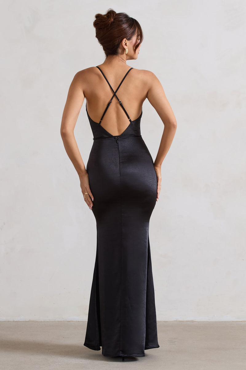 Lifetime Black Satin Cowl Neck Maxi Dress With Cross Back Detail – Club ...