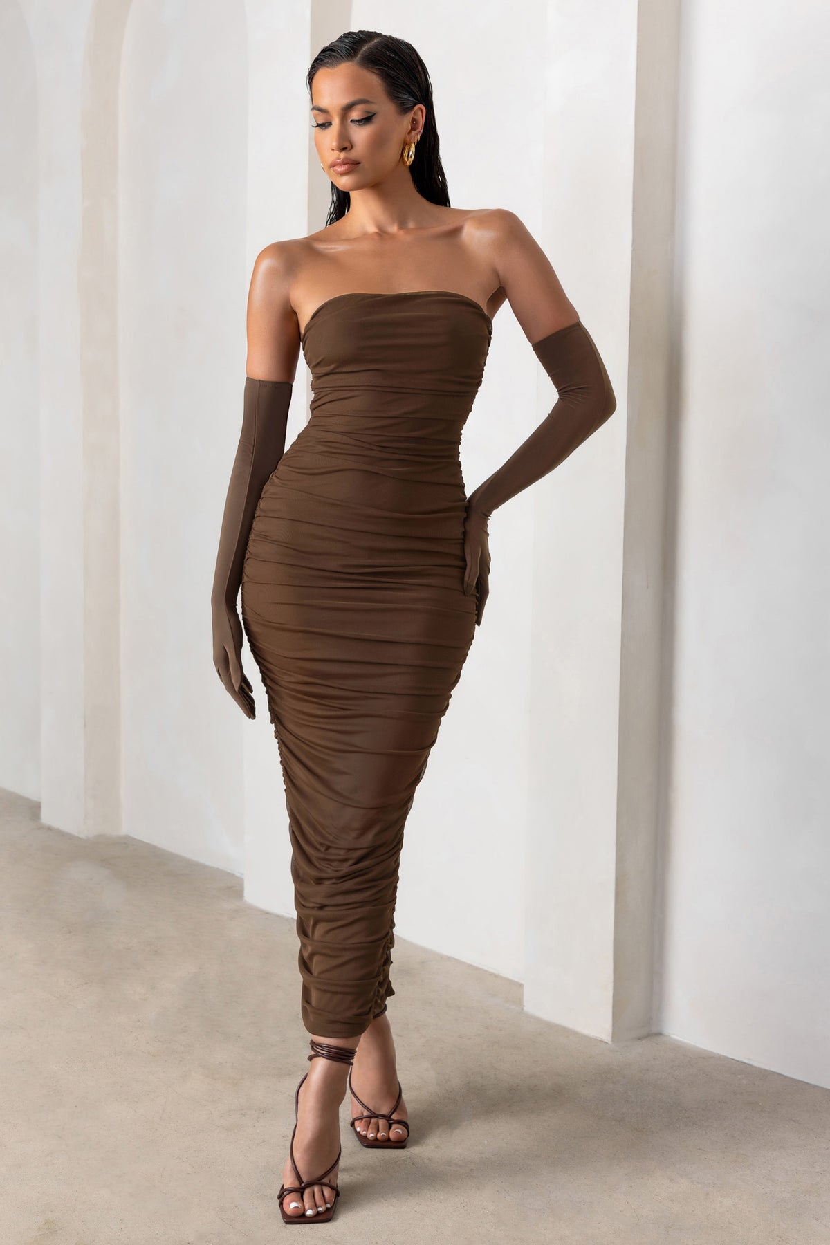 My Lady Chocolate Brown Strapless Bodycon Ruched Mesh Maxi Dress – Club