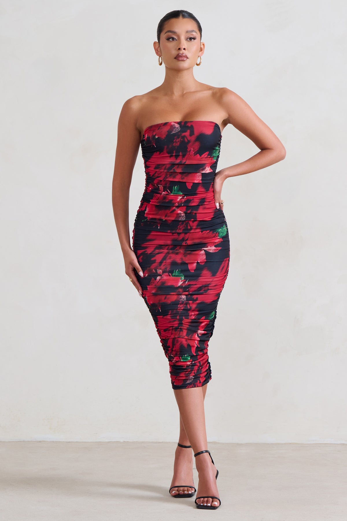 My Girl Black & Red Floral Print Bandeau Bodycon Ruched Mesh Midi