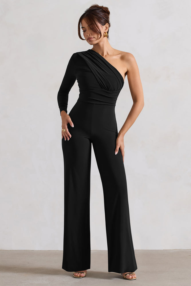 Mila Black One Shoulder Ruched Wide Leg Jumpsuit – Club L London - UK