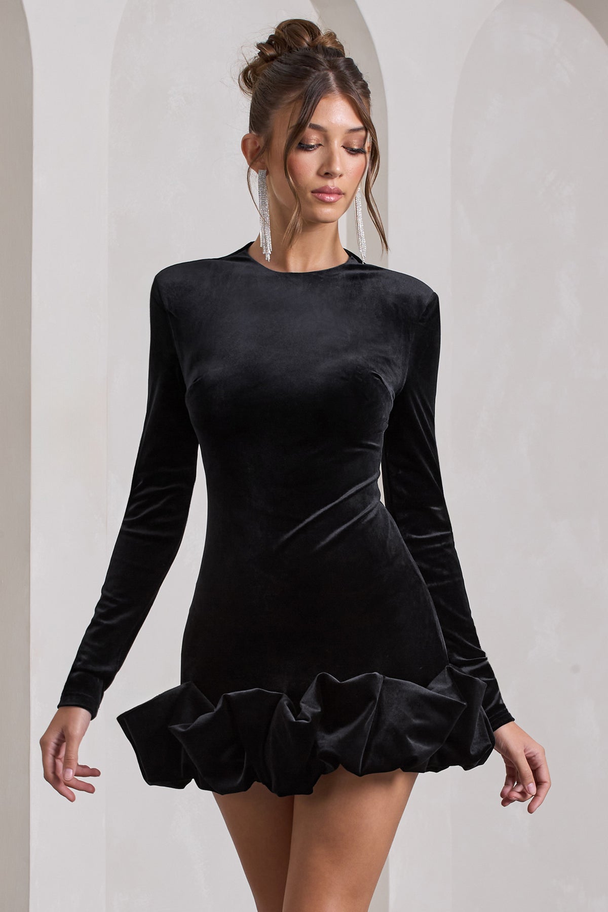 Claudine Black Velvet Long-Sleeved Ruffled Mini Dress – Club L London