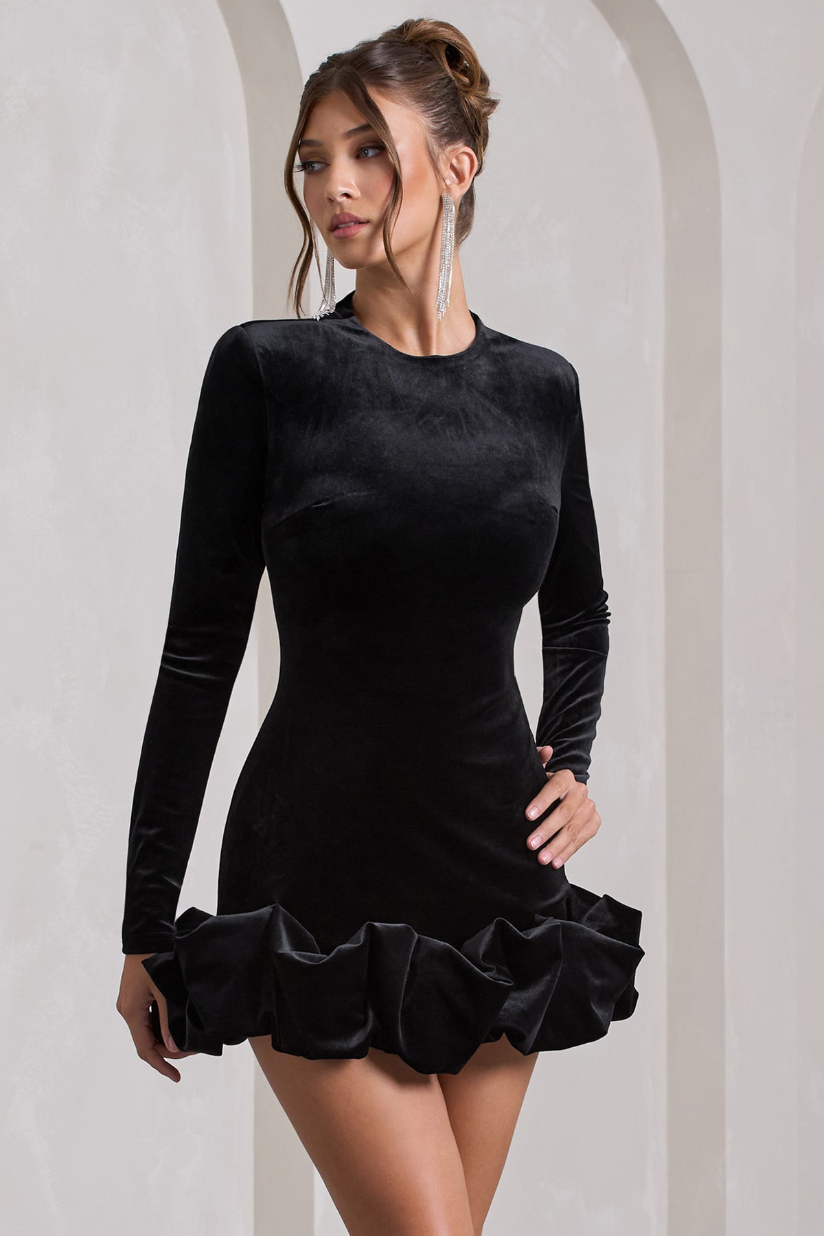 Claudine Black Velvet Long-Sleeved Ruffled Mini Dress – Club L London