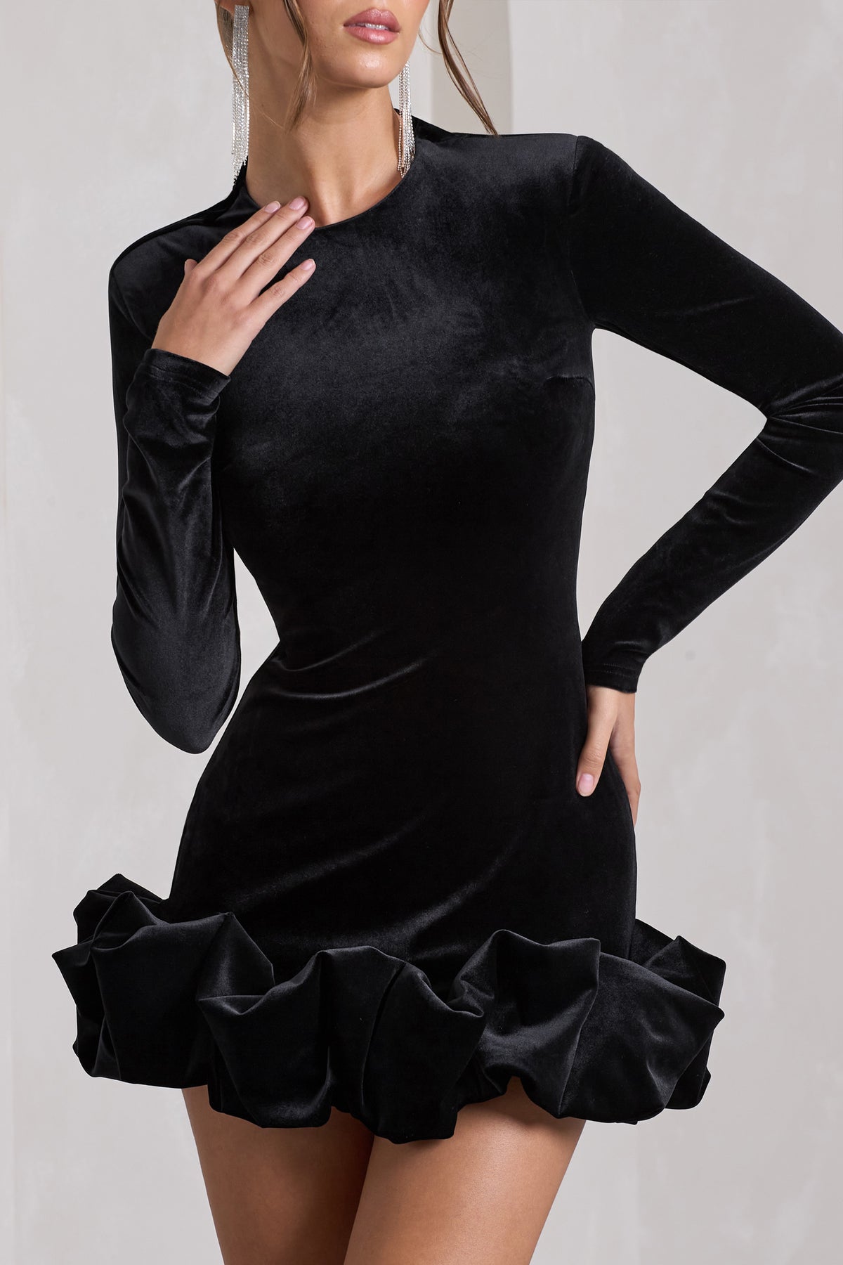 Claudine Black Velvet Long-Sleeved Ruffled Mini Dress – Club L London