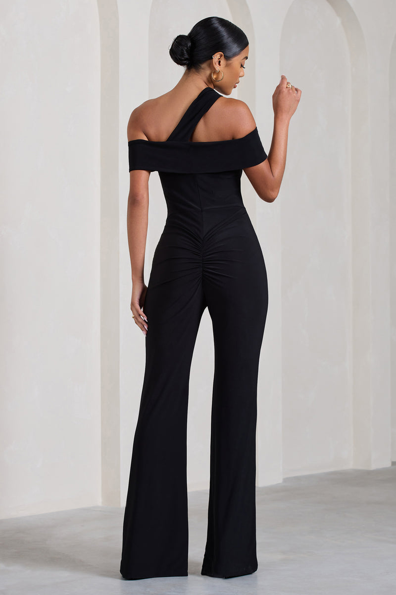 Striking Black Strappy Asymmetric Flared-Leg Jumpsuit – Club L London - UK