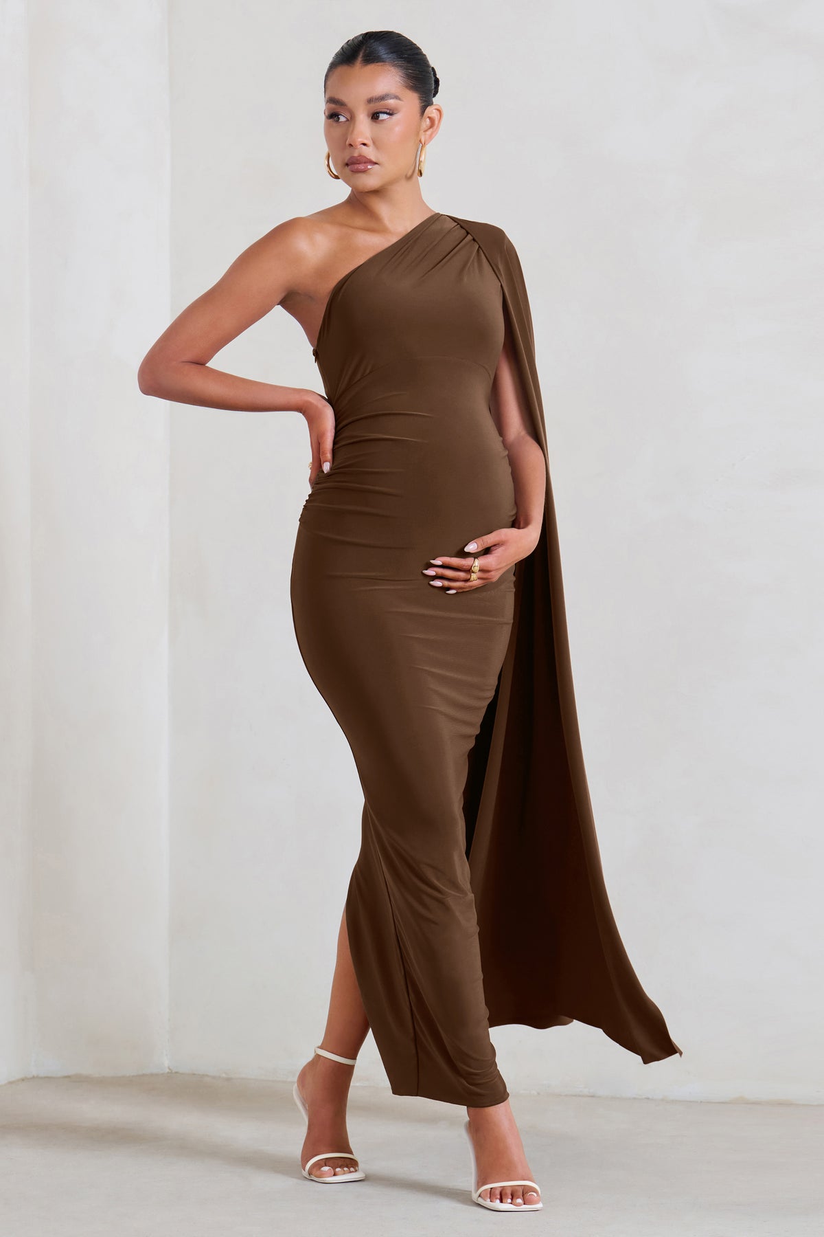 Amaryllis Chocolate Maternity One Shoulder Maxi Dress with Cape 