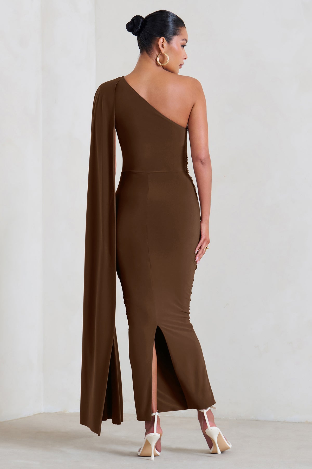 Amaryllis Chocolate Maternity One Shoulder Maxi Dress with Cape 