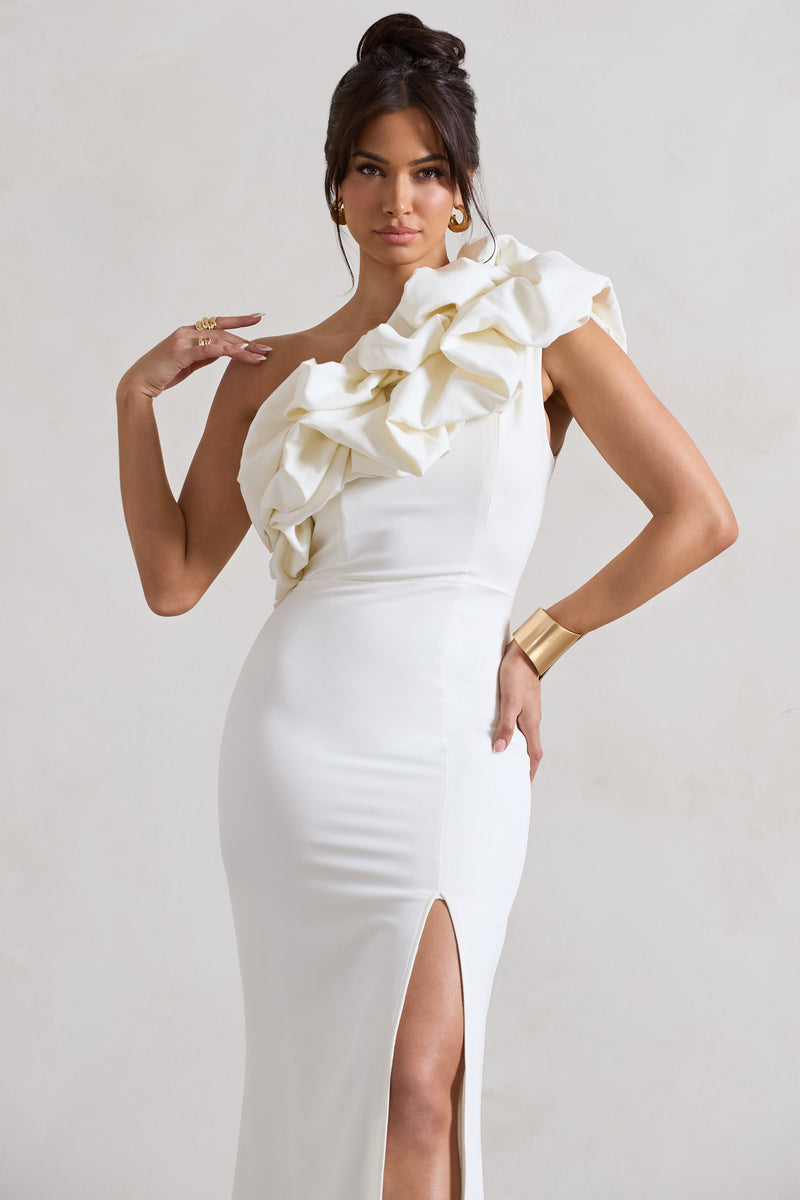 Vienne White One Shoulder Ruffle Split Maxi Dress – Club L London - UK