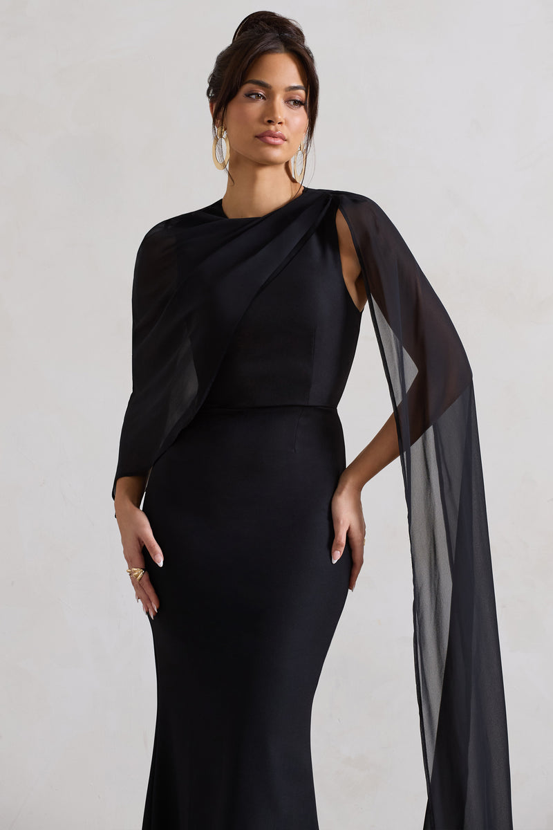 Haze Black High-Neck Maxi Dress With Chiffon Cape – Club L London - UK