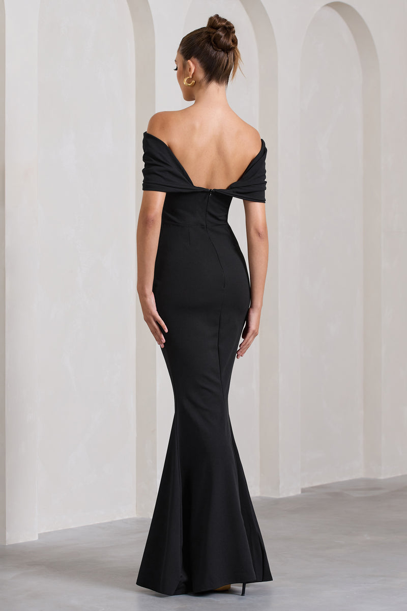 Dana Black Bardot Maxi Dress With Short Gathered Sleeves – Club L ...