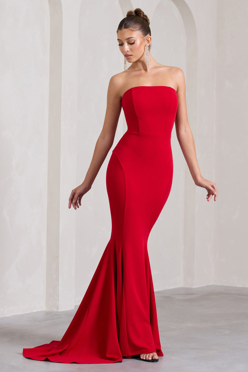 Impress Me Red Strapless Bandeau Fishtail Maxi Dress – Club L London - UK